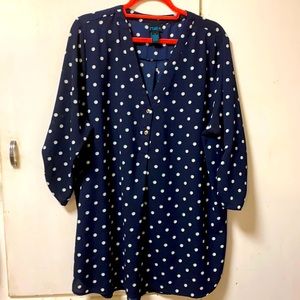 Rue blouse with white/green polka dots on navy blue shell.